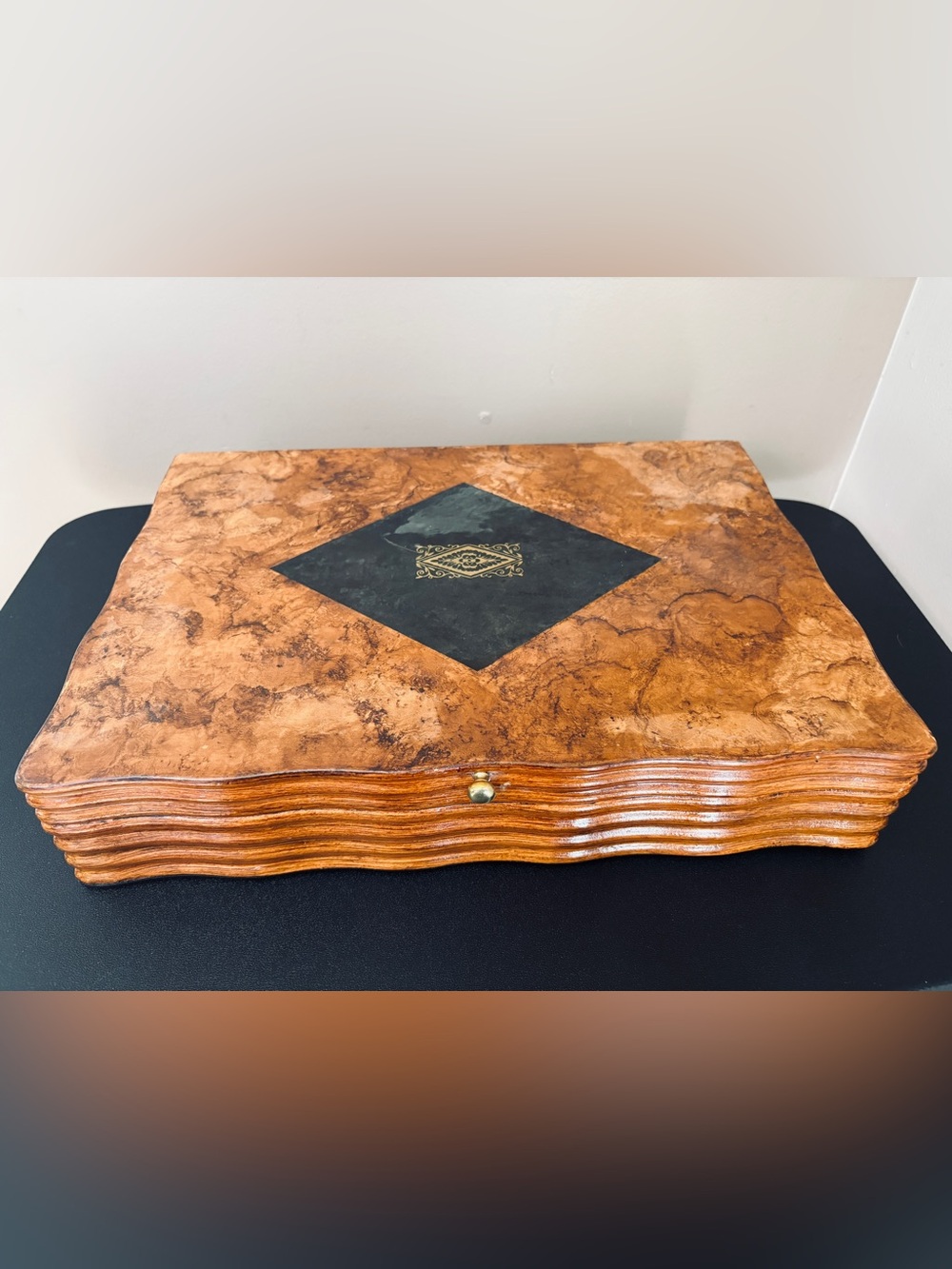 Large 16” Wide Vintage Burl Wood Decorative Box with Floral Tote Bag